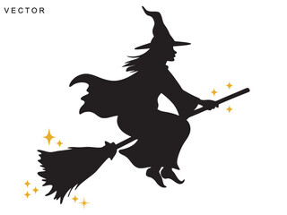 Silhouette of a witch flying on a broomstick vector illustration on a white background