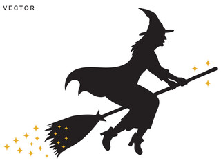 Silhouette of a witch flying on a broomstick vector illustration on a white background