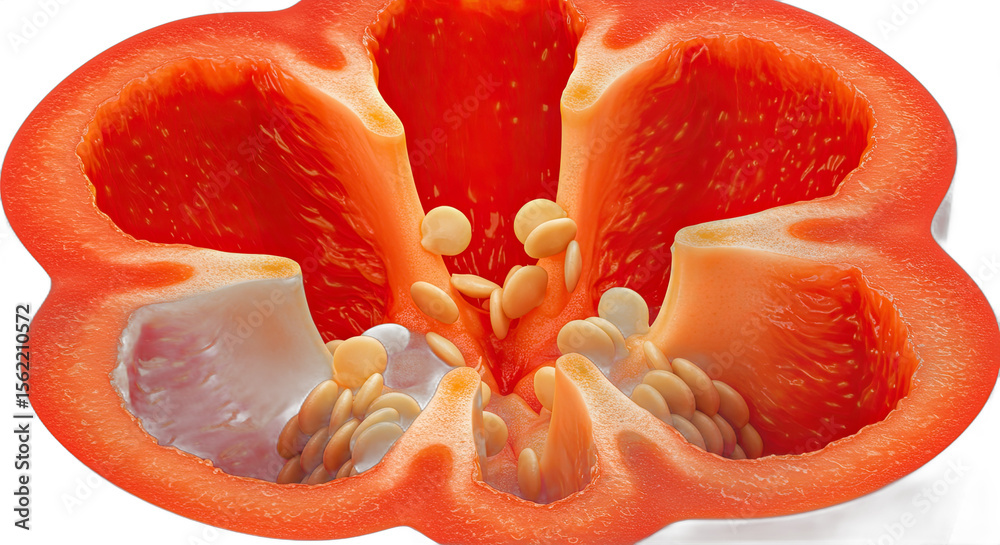 Poster vivid cross section of a ripe red bell pepper displaying seeds and texture