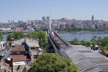 Fototapeta premium Elevated view of Istanbul metro bridge and cityscape with Galata Tower