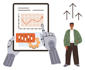 Robot hand interacts with a tablet displaying a growth chart, controls, and gear. Man, arrows suggest progress, AI-human teamwork. Ideal for AI, technology, innovation growth data automation