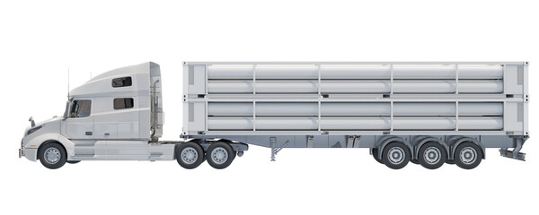 Large truck with 40ft tube trailer optimized for CNG delivery. Isolated on transparent background....