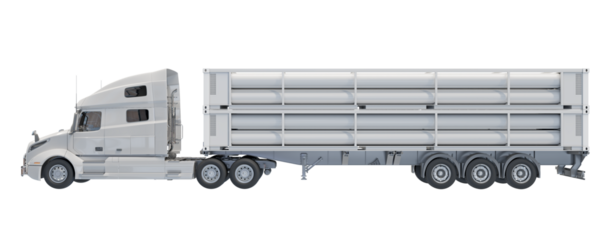 Large truck with 40ft tube trailer optimized for CNG delivery. Isolated on transparent background. Side view. 3D illustration