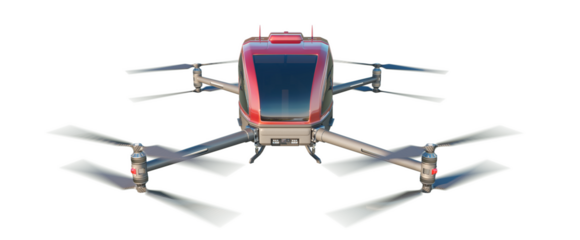 Red drone taxi isolated on transparent background. Air taxis: Drones (UAVs) designed for passenger transport. 3D illustration