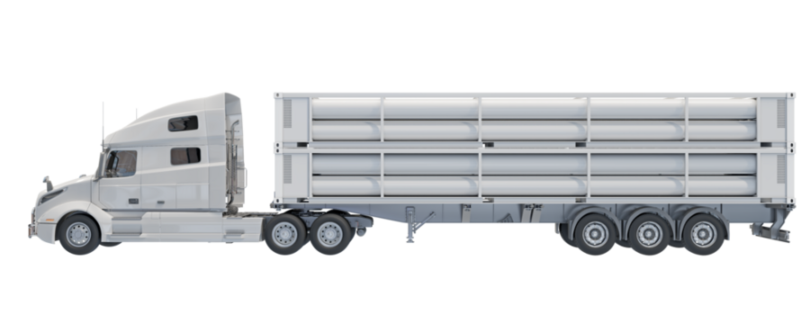 Large truck with 40ft tube trailer optimized for CNG delivery. Isolated on transparent background. Side view. 3D illustration