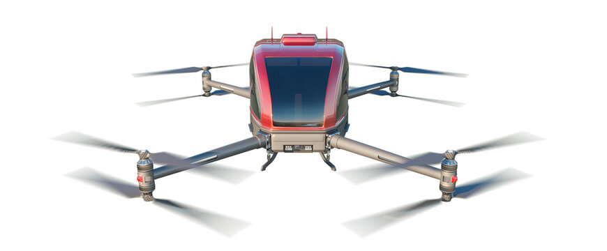 Red drone taxi isolated on transparent background. Air taxis: Drones (UAVs) designed for passenger transport. 3D illustration - Powered by Adobe