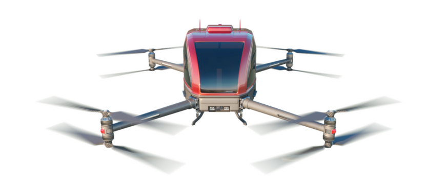 Red drone taxi isolated on transparent background. Air taxis: Drones (UAVs) designed for passenger transport. 3D illustration