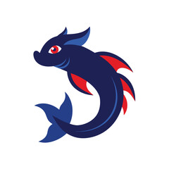 Stylised fish swims upward, featuring fins and dark blue tones