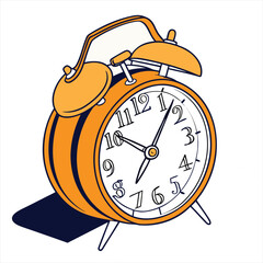 This illustration features a classic twin-bell alarm clock in orange and yellow hues. The time on the clock is about 10:07. The clock is slightly tilted and placed over a dark shadow.