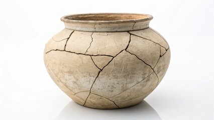 Ancient cracked ceramic pot with earthy tones on a clean white background