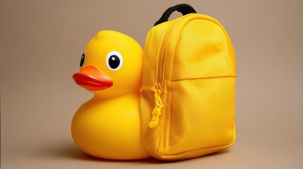 Yellow rubber duck with a small yellow backpack standing on a neutral brown surface with soft lighting and a plain background for clear focus on the objects