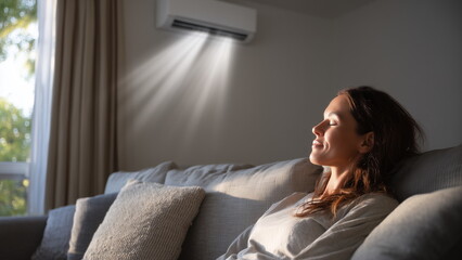 A woman relaxing on a couch with visible relief as cool air blows from a modern wall-mounted air conditioner above in a living room, during the hot summer.