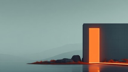 Mysterious glowing orange doorway in dark cube structure on reflective water surface with surrounding rocks and misty mountains in the background during twilight mood.