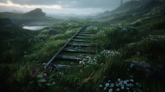 Misty landscape with overgrown train tracks