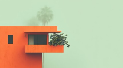 Modern minima building facade vivid orange color balcony with green leafy plant light green background bright sunny day clear sky outdoors