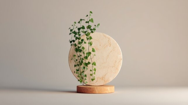 Minima stone pedestal with round beige marble slab and green climbing plant with trailing vines against plain neutral background indoor decor concept