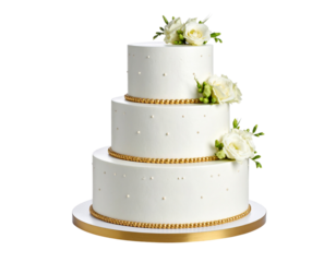Elegant Three-Tier Wedding Cake with Flowers and Gold Topper – Transparent Background PNG Side View