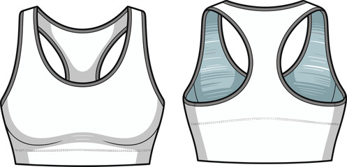 Technical flat sketch of women's racerback sports bra, front and back view, activewear template, fitness fashion design, workout apparel mockup for clothing design