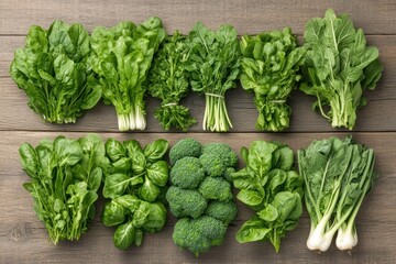 Assortment of Green Veggies on Wooden Surface