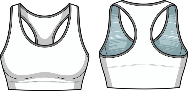 Technical flat sketch of women's racerback sports bra, front and back view, activewear template, fitness fashion design, workout apparel mockup for clothing design