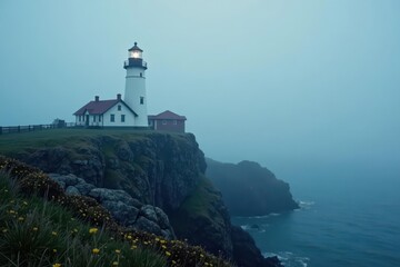 Lonesome lighthouse pierces thick fog, evocative coastal image, beam, evening, isolated