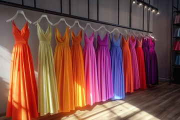 A rainbow of elegant gowns hangs in a fashion-forward retail space, showcasing the latest styles for special occasions and formal events.