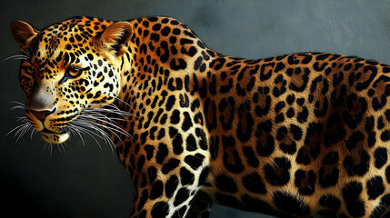 Obraz premium Close-up of a majestic leopard, detailed fur patterns, bold eyes, and a watchful posture against a textured dark background