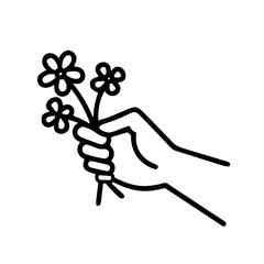 A delicate black and white linear vector illustration of an elegant hand gently holding a small bouquet of flowers.