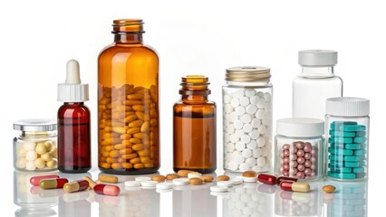Assortment of medicine bottles and capsules displayed on a reflective surface