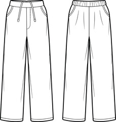 Vector Line Drawing of Unisex Sweatpants with Drawstring and Elastic Waistband – Fashion Flat Sketch