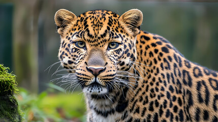 Naklejka premium Close-up of a majestic leopard. Its spotted coat, sharp gaze, and alert posture are highlighted. The animal is centered in the image, with a blurred background of nature