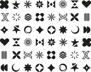 Set of geometric logos space explosion, dazzling flash. Modern bold brutalist objects and shapes of the sun and stars. Colorful minimalistic figures silhouettes.