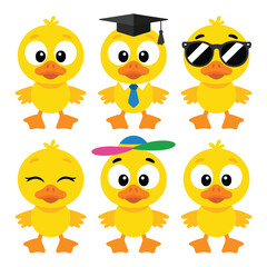Six cute cartoon ducklings dressed in various outfits and accessories