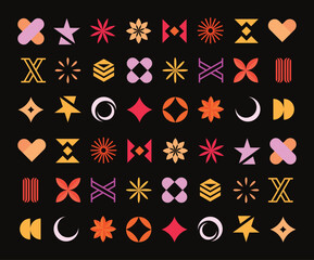 Set of geometric logos space explosion, dazzling flash. Modern bold brutalist objects and shapes of the sun and stars. Colorful minimalistic figures silhouettes.