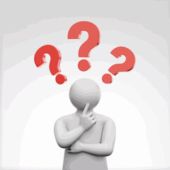 Confused person with question marks above their head thinking deeply