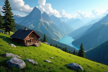 Mountain lodge panorama, Komna plateau, creeping pine carpet , Slovenia, shadows, environment
