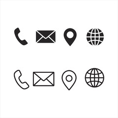 Simple Black Contact Icons: Phone, Email, Location, Globe; Website UI Design Elements