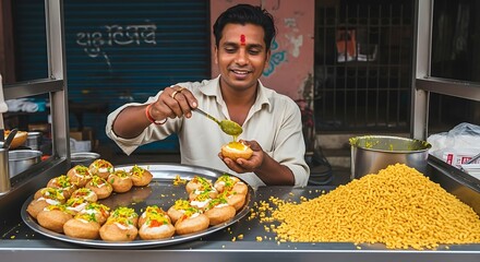 Indian street food vendor preparing savory snacks Indian food