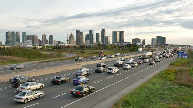 Looking west down highway 403 in downtown Mississauga, Ontario, Canada during evening rush hour. 2016.