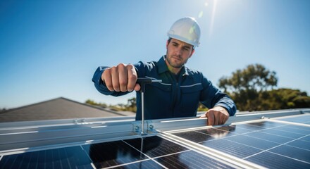 A technician in a hard hat uses a T-handle hex wrench to tighten the clamps on a solar panel frames during installation on a sunny rooftop
