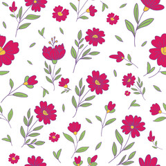 Magenta seamless floral summer PNG pattern with decorative leaves on transparent background for wrapping paper and textile use.