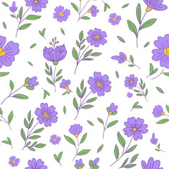 Floral summer pattern PNG with pink wildflowers and green leaves on transparent background for textile fabric and digital design.
