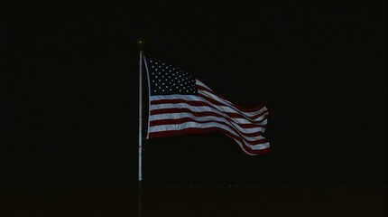 Proud American Flag Waving at Night, Illuminated Against a Dark Sky