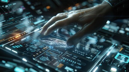 Obraz premium Hand interacting with futuristic digital interface control panel technology