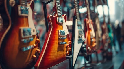 The stunning collection of electric guitars on display in a music shop