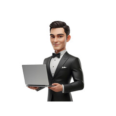 Confident 3D Cartoon Businessman Holding Laptop