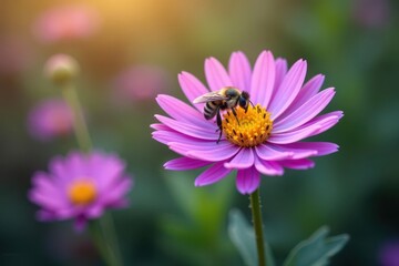 Purple aster, insect gathering pollen, autumn frost , insect, preparation