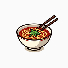 Illustration of a Bowl of Noodles with Tomato Sauce and Chopsticks, Asian Cuisine