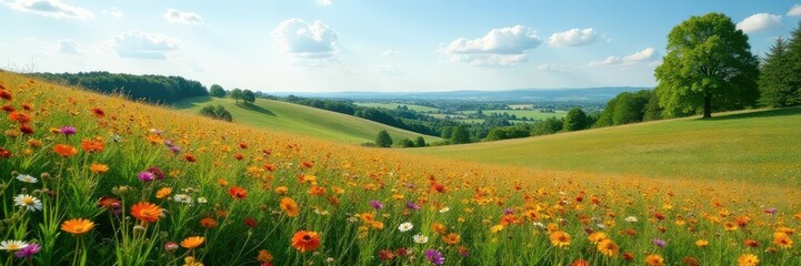 Rolling hills, wildflowers carpet, distant trees , sun, purple