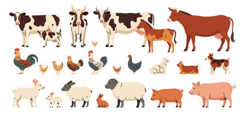Collection of farm animals including cows horses chickens sheep rabbits and pigs